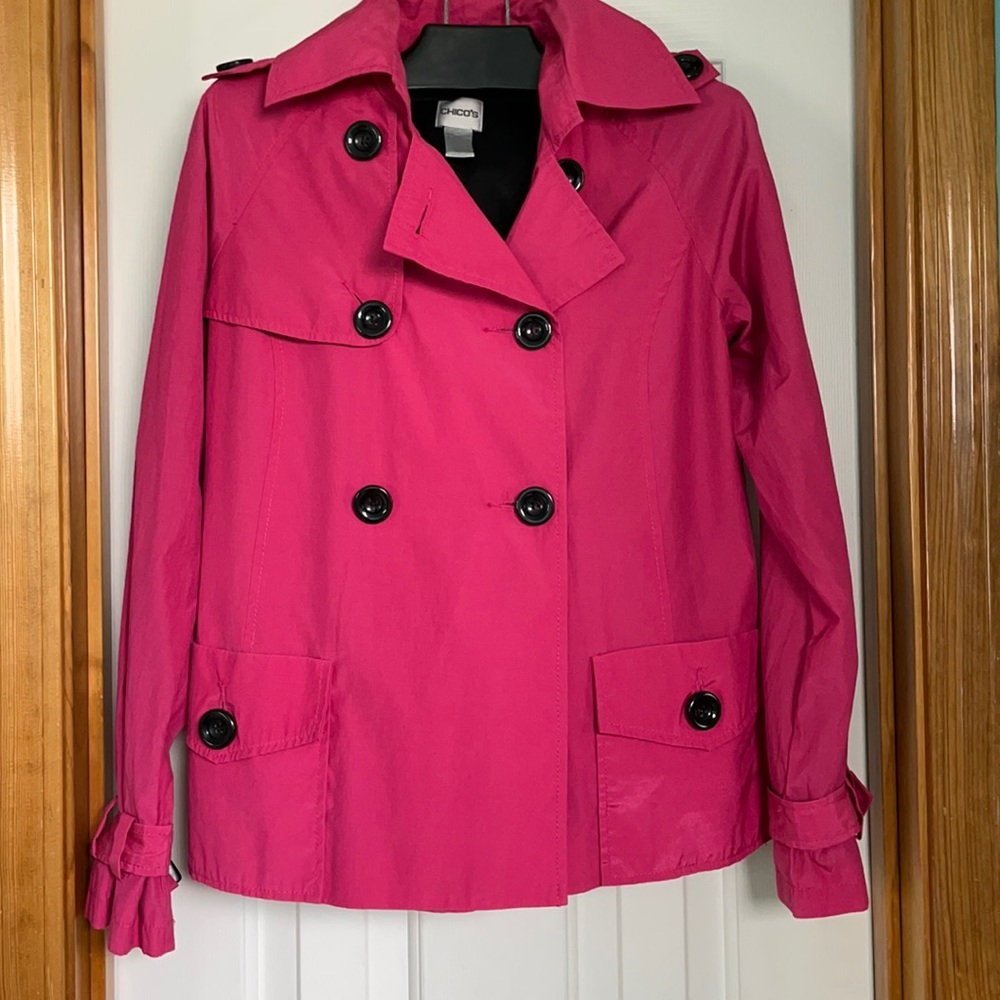 Chico’s size 0 (small) bright pink, hip length, lined trench coat.  Like new.